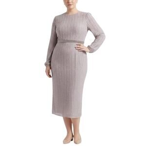 Mac Duggal Beaded Chiffon Long Sleeve Midi Sheath Cocktail Dress Purple Size 18